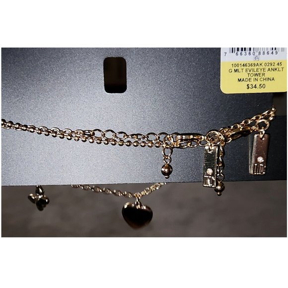 INC Set Of Two Gold Tone Anklets Ankle Bracelets, Beaded, Charms, Evil Eye - Picture 3 of 4